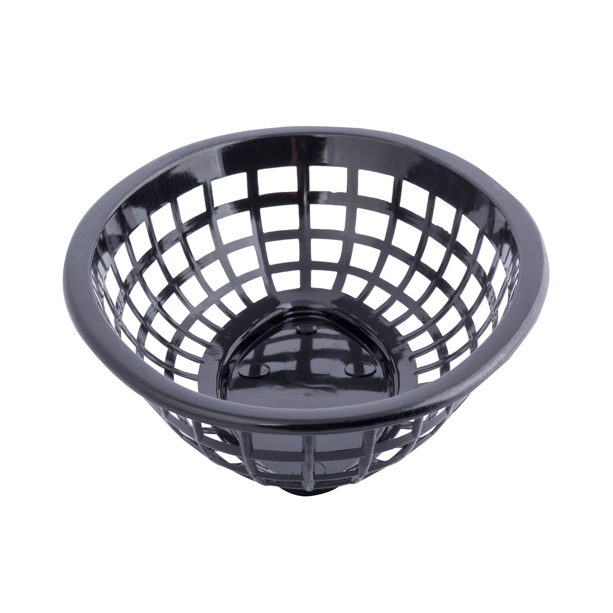A black plastic, heat resistant basket with a round shape and open grid design, featuring wide rectangular holes throughout the sides and base. The basket appears empty and is photographed against a plain white background.