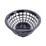 A black plastic, heat resistant basket with a round shape and open grid design, featuring wide rectangular holes throughout the sides and base. The basket appears empty and is photographed against a plain white background.