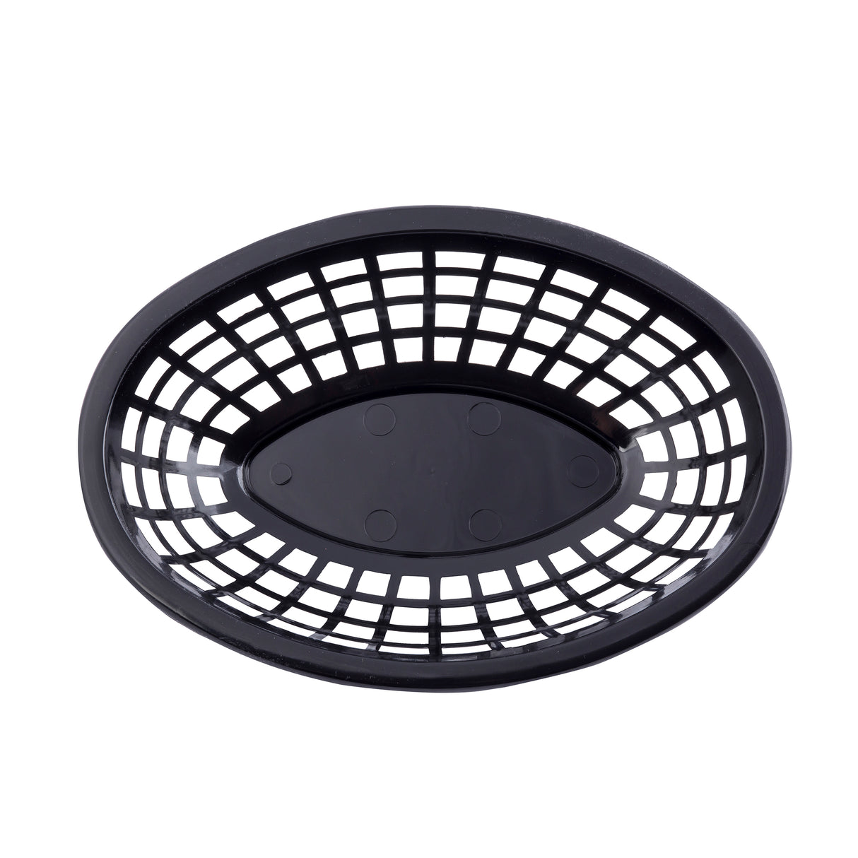A black, oval-shaped microwave safe basket with an open grid pattern and a solid base, shown from above on a white background. The basket has slightly raised edges and is empty.