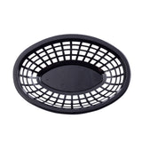 A black, oval-shaped microwave safe basket with an open grid pattern and a solid base, shown from above on a white background. The basket has slightly raised edges and is empty.