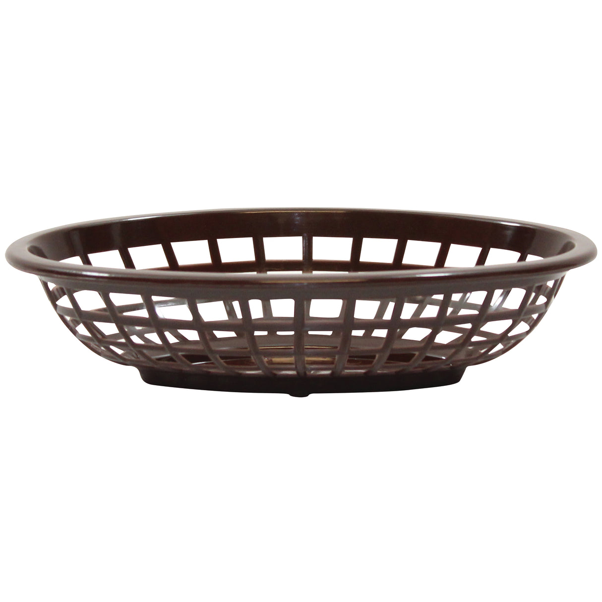 A round, shallow, brown plastic Side Order Basket with an open lattice design. The basket has a wide rim and flat base, is microwave safe, and allows visibility through the sides and bottom. It sits empty against a plain white background.