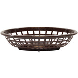 A round, shallow, brown plastic Side Order Basket with an open lattice design. The basket has a wide rim and flat base, is microwave safe, and allows visibility through the sides and bottom. It sits empty against a plain white background.