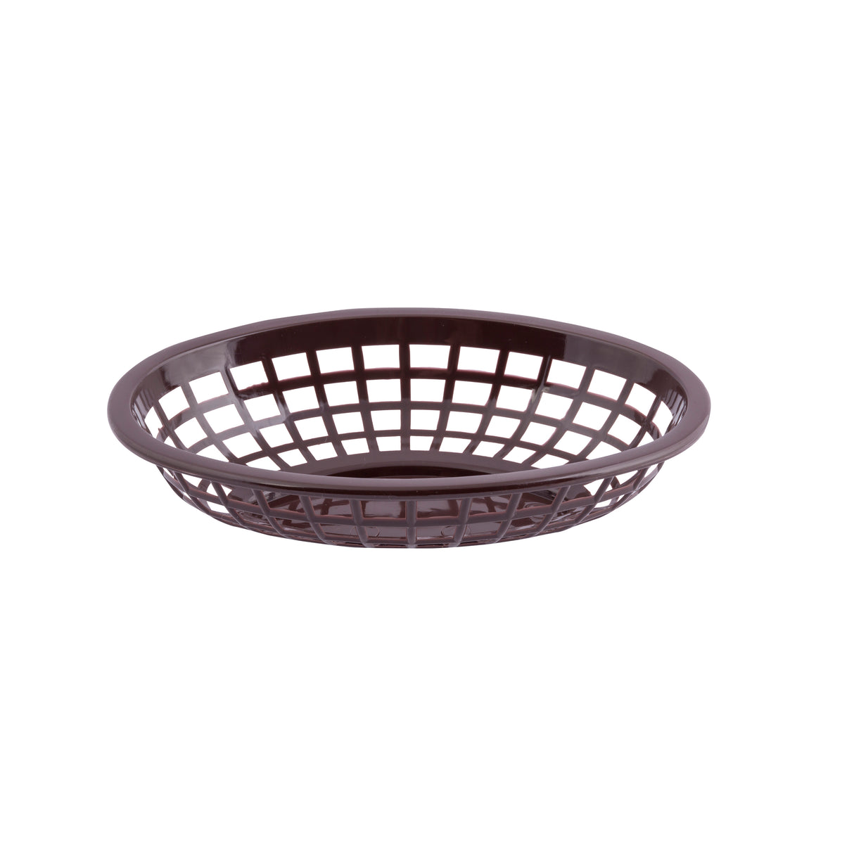 A round, shallow, dark brown plastic Side Order Basket with an open lattice design and a solid rim, set against a plain white background. Heat resistant and microwave safe, it's often used for serving bread or food in restaurants or homes.