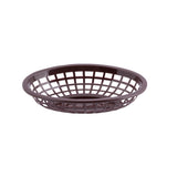 A round, shallow, dark brown plastic Side Order Basket with an open lattice design and a solid rim, set against a plain white background. Heat resistant and microwave safe, it's often used for serving bread or food in restaurants or homes.