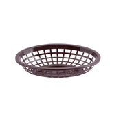 A round, shallow, dark brown plastic Side Order Basket with an open lattice design and a solid rim, set against a plain white background. Heat resistant and microwave safe, it's often used for serving bread or food in restaurants or homes.