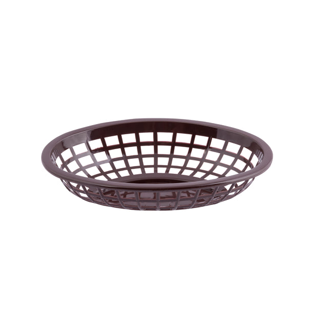 A round, shallow, dark brown plastic Side Order Basket with an open lattice design and a solid rim, set against a plain white background. Heat resistant and microwave safe, it's often used for serving bread or food in restaurants or homes.