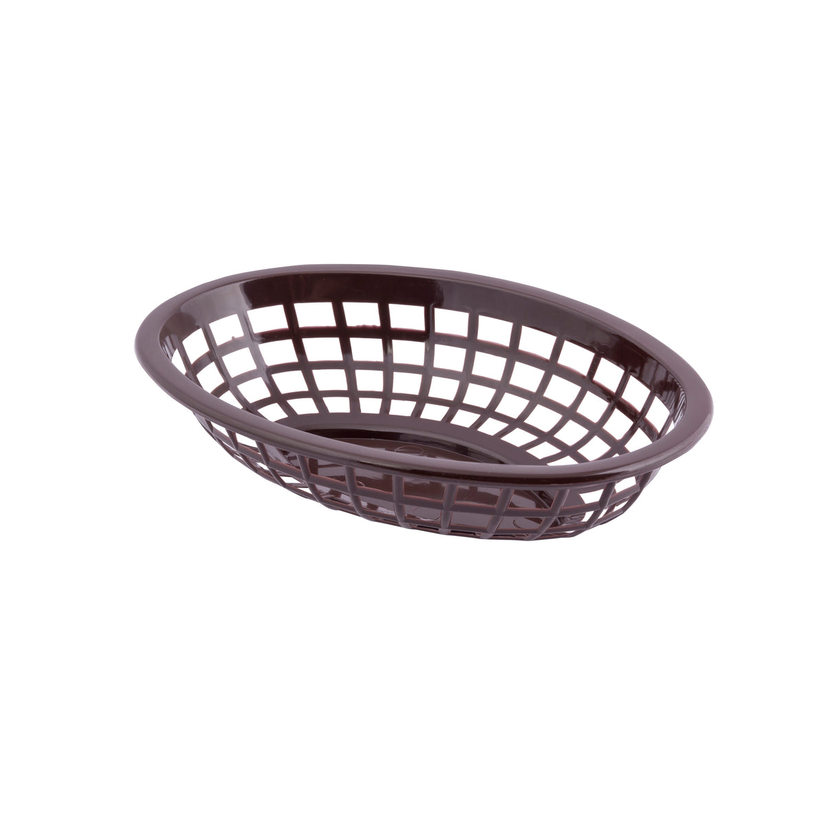 A dark brown, oval-shaped Side Order Basket with an open grid design on the sides and bottom, shown isolated on a white background. Lightweight and heat resistant, it's typically used for serving food like fries or bread in casual dining settings.
