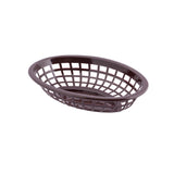 A dark brown, oval-shaped Side Order Basket with an open grid design on the sides and bottom, shown isolated on a white background. Lightweight and heat resistant, it's typically used for serving food like fries or bread in casual dining settings.