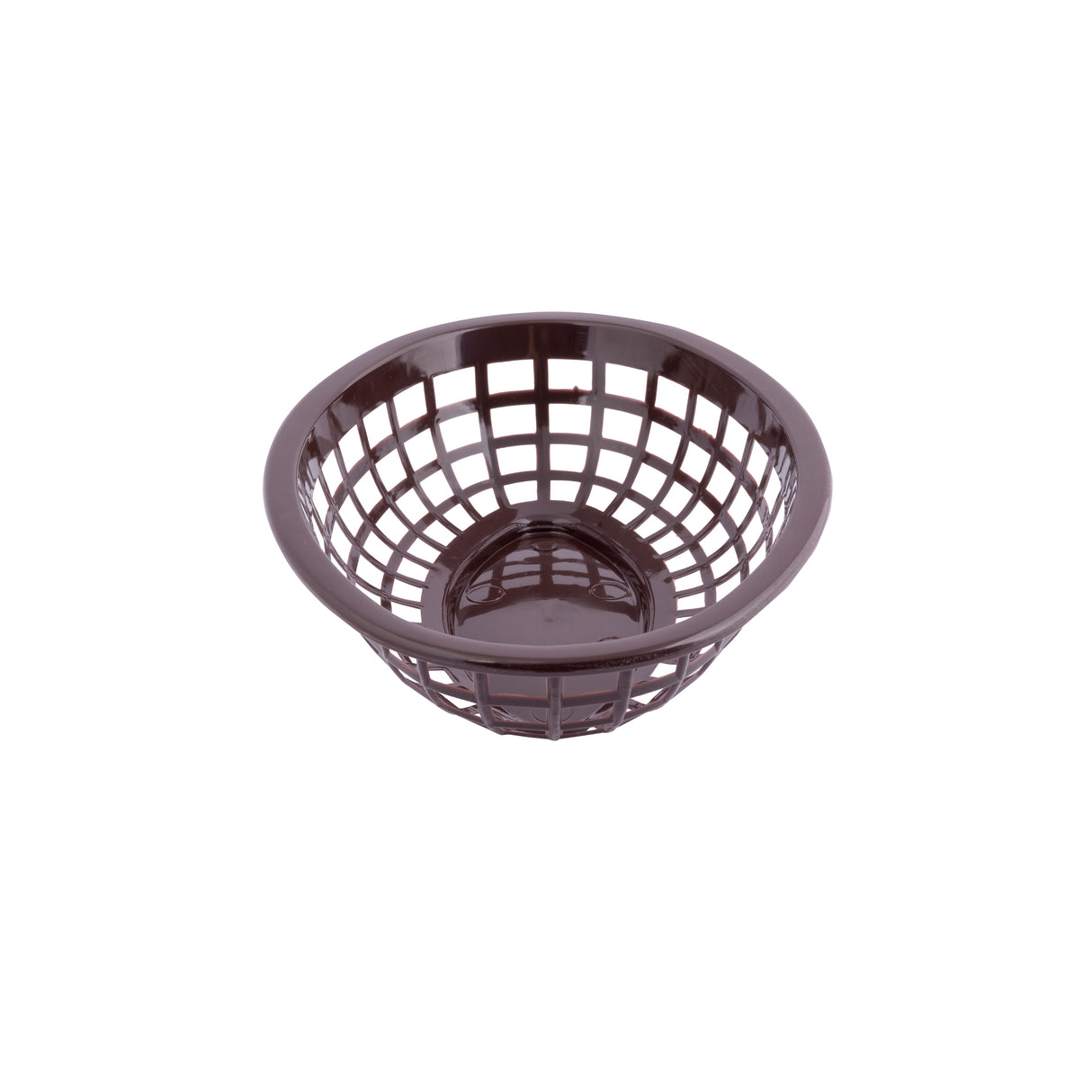 A brown, round plastic Side Order Basket with an open grid pattern sits on a white background. Heat resistant and lightweight, its square-shaped holes create a ventilated look. The simple, utilitarian design is perfect for everyday use.
