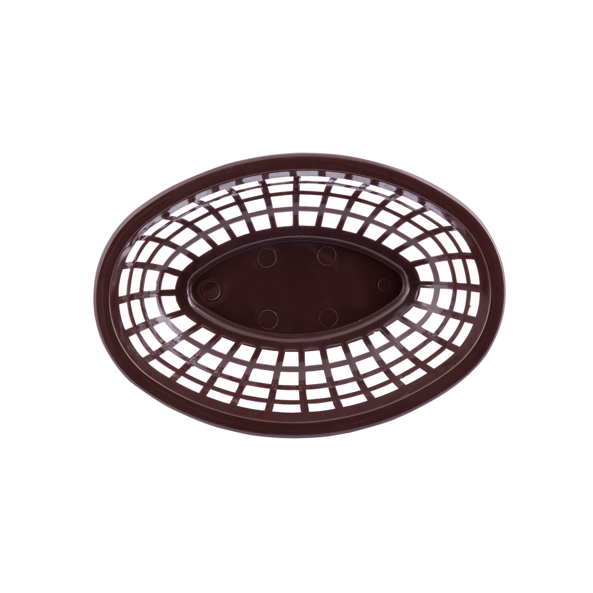 A top-down view of a brown oval-shaped Side Order Basket with a grid pattern. The heat resistant plastic basket has a solid central base and open sides, allowing visibility through the mesh-like design. The background is plain white.