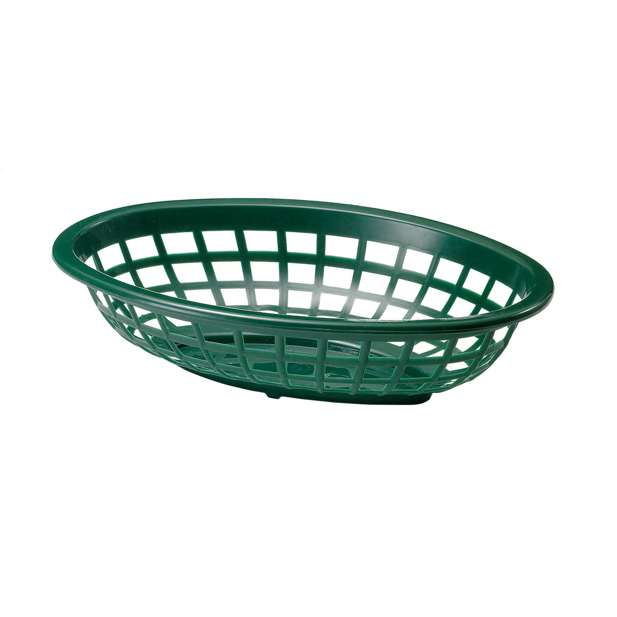 A green, oval-shaped Side Order Basket with an open grid design and raised rim, photographed on a white background. The plastic basket is empty and ideal for serving food or holding small items.