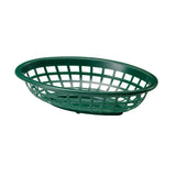 A green, oval-shaped Side Order Basket with an open grid design and raised rim, photographed on a white background. The plastic basket is empty and ideal for serving food or holding small items.
