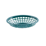 A teal plastic Side Order Basket with a shallow, round shape and an open grid design. The basket has a solid rim, is heat resistant, and sits empty against a plain white background.