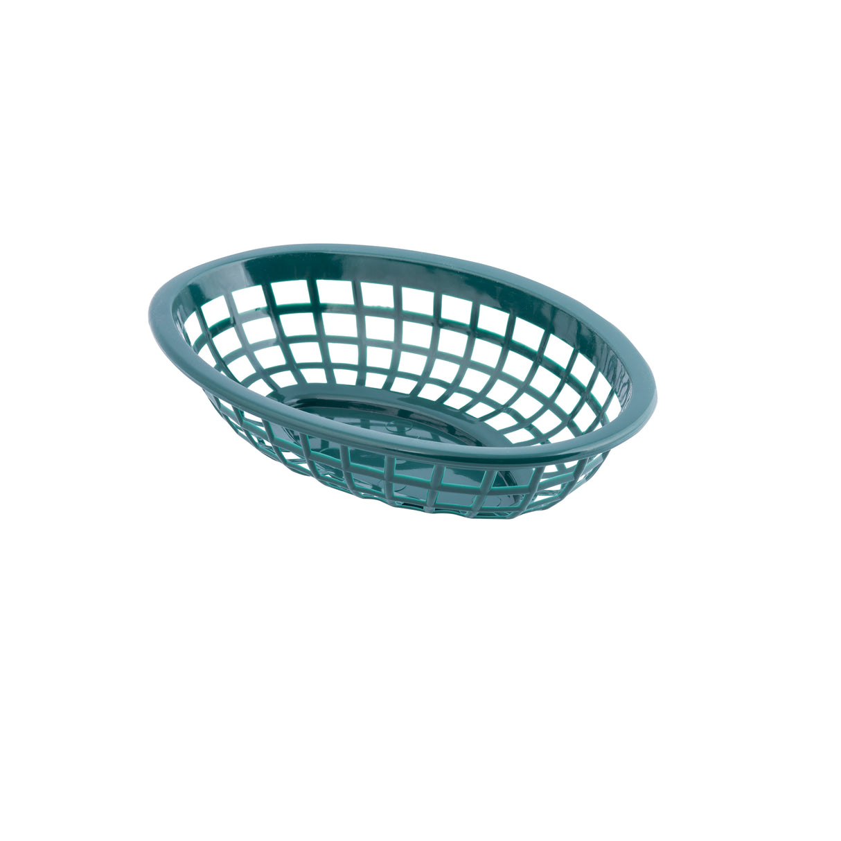 A green, oval-shaped Side Order Basket with a grid-like pattern and open sides, positioned on a white background. This lightweight, heat resistant basket is ideal for serving fries or sandwiches in casual dining settings.