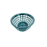 A small, round, green polyethylene basket with an open grid pattern and solid base sits on a white background. The side order basket features a smooth rim and is empty.