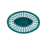 A top-down view of an empty, oval-shaped, dark green polyethylene basket with a grid-like pattern on the sides and base, isolated on a white background. The center features a solid section with four circular indentations.