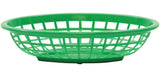 A bright green, oval-shaped polyethylene basket with an open, grid-like pattern and a solid base. The basket is empty and placed against a white background.