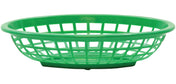 A bright green, oval-shaped polyethylene basket with an open, grid-like pattern and a solid base. The basket is empty and placed against a white background.