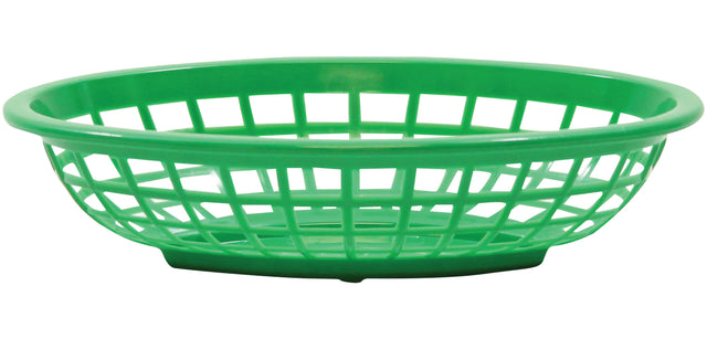 A bright green, oval-shaped polyethylene basket with an open, grid-like pattern and a solid base. The basket is empty and placed against a white background.