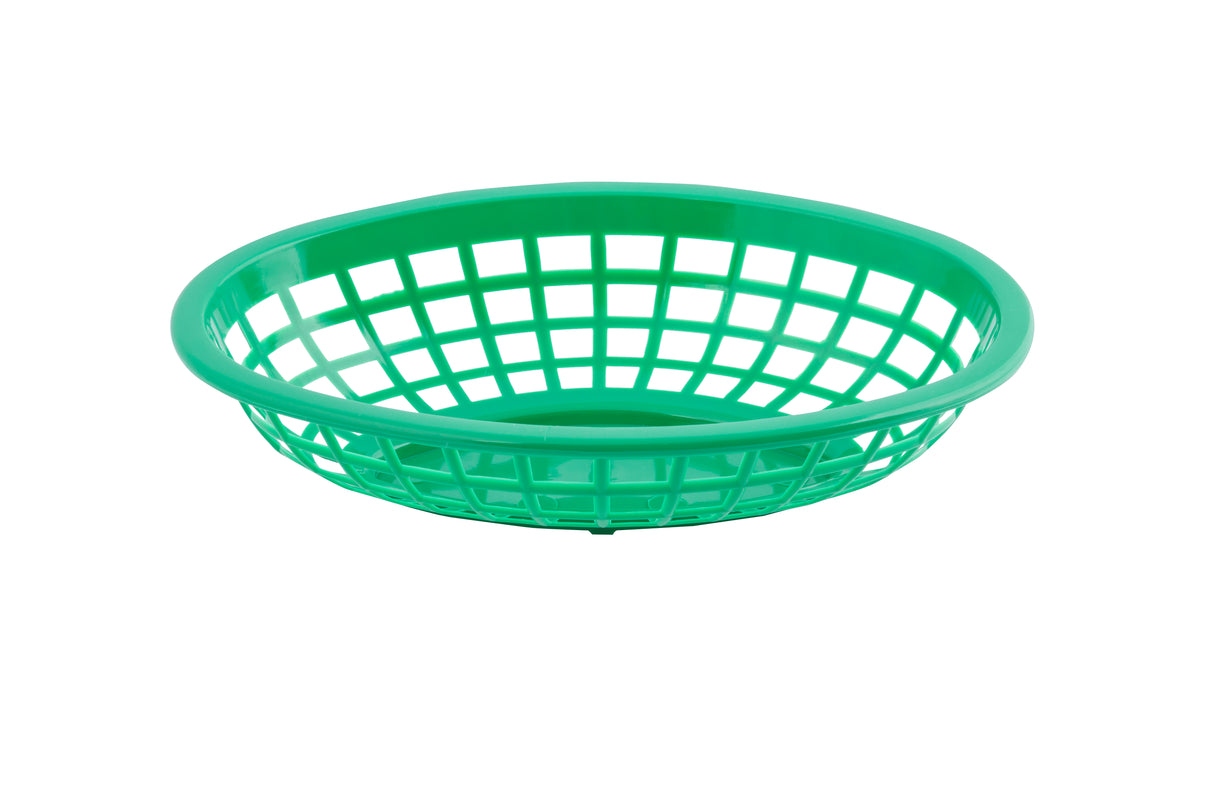 A green food basket made of sturdy polyethylene sits empty on a plain white background. Circular and shallow with a grid-like pattern and solid rim, this side order basket is ideal for carrying or holding lightweight items.