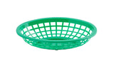 A green food basket made of sturdy polyethylene sits empty on a plain white background. Circular and shallow with a grid-like pattern and solid rim, this side order basket is ideal for carrying or holding lightweight items.