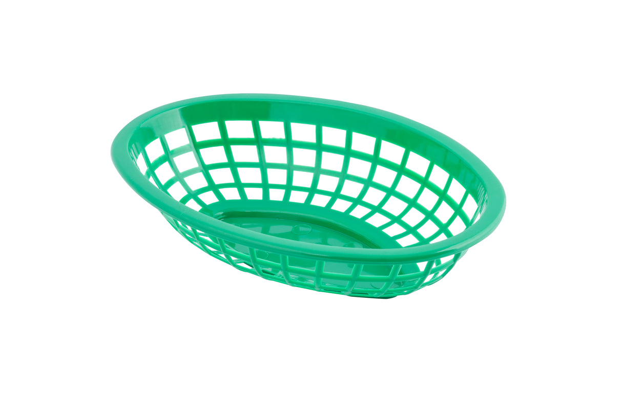 A green, oval-shaped polyethylene basket with an open grid design sits on a white background. This side order basket has a smooth rim and slightly tapered sides, perfect for serving fries or bread in casual dining settings.