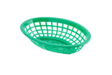 A green, oval-shaped polyethylene basket with an open grid design sits on a white background. This side order basket has a smooth rim and slightly tapered sides, perfect for serving fries or bread in casual dining settings.