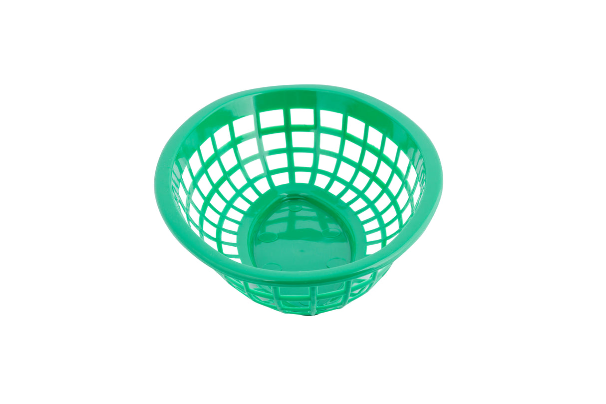 A green food basket with a round, grid-like open weave pattern and a solid base. This polyethylene basket is photographed from above on a plain white background and appears empty.