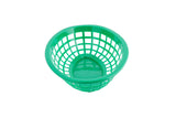 A green food basket with a round, grid-like open weave pattern and a solid base. This polyethylene basket is photographed from above on a plain white background and appears empty.