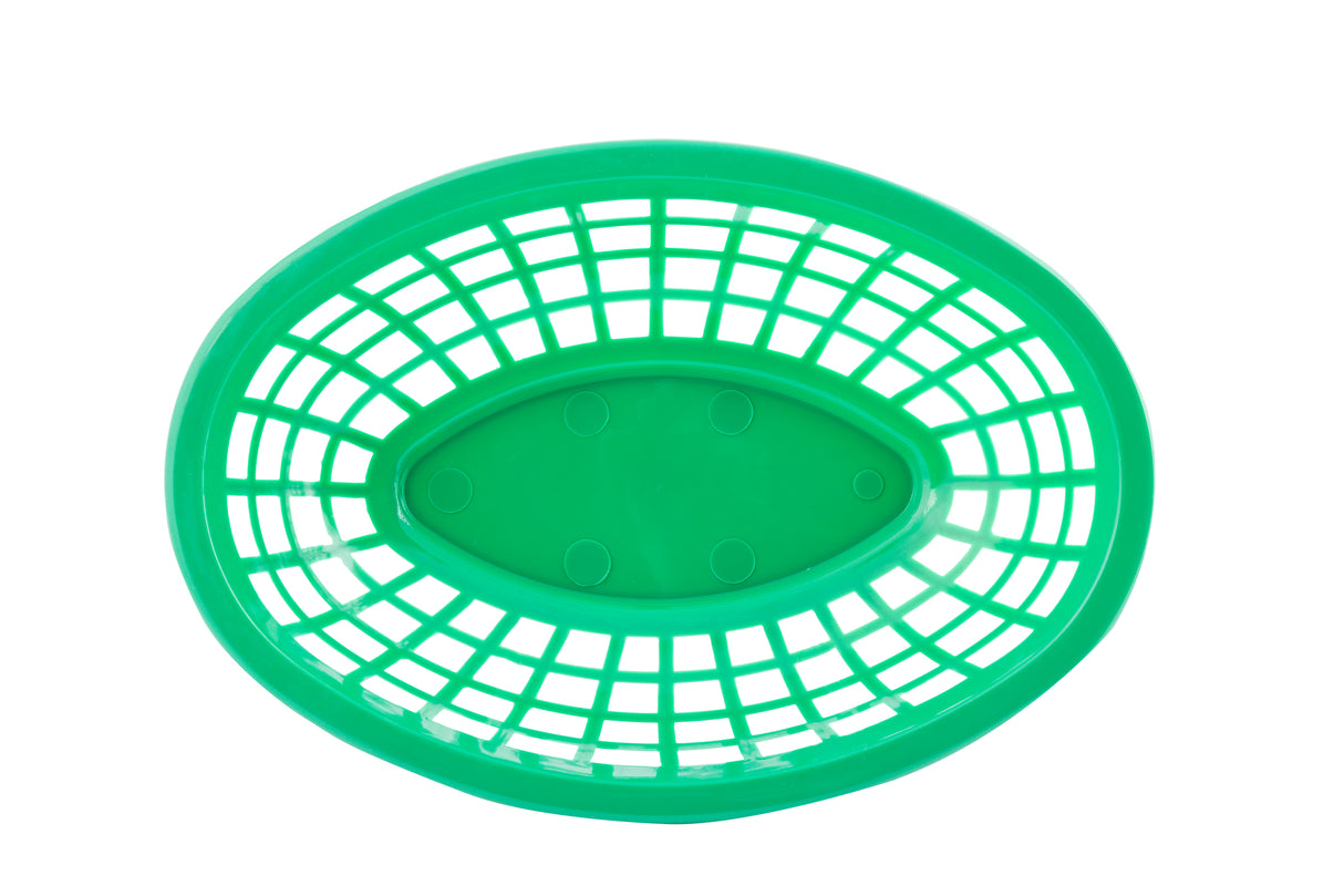 A green food basket made of polyethylene features a lattice design with a solid base. This oval side order basket, shown from a top-down perspective, displays its open grid sides and smooth center against a white background.