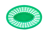 A green food basket made of polyethylene features a lattice design with a solid base. This oval side order basket, shown from a top-down perspective, displays its open grid sides and smooth center against a white background.