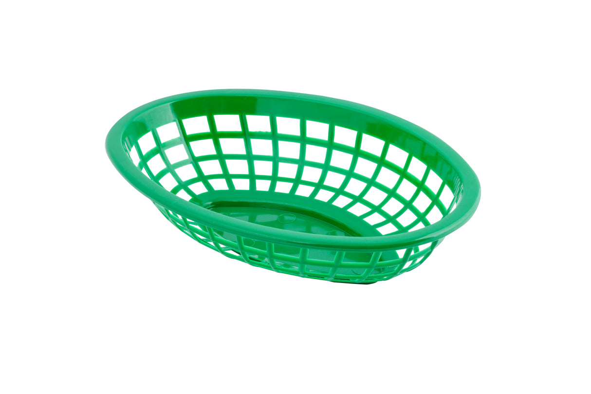 A green food basket, oval-shaped with a lattice design and open grid sides and bottom, is shown on a white background. This polyethylene basket is empty and slightly tilted to reveal its interior and structure.