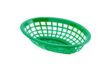 A green food basket, oval-shaped with a lattice design and open grid sides and bottom, is shown on a white background. This polyethylene basket is empty and slightly tilted to reveal its interior and structure.