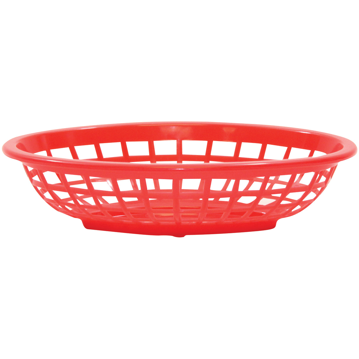 A red, oval-shaped Side Order Basket with an open lattice design and a slightly raised rim. Lightweight and microwave safe, this basket is ideal for serving fries or sandwiches. It sits empty on a white background.