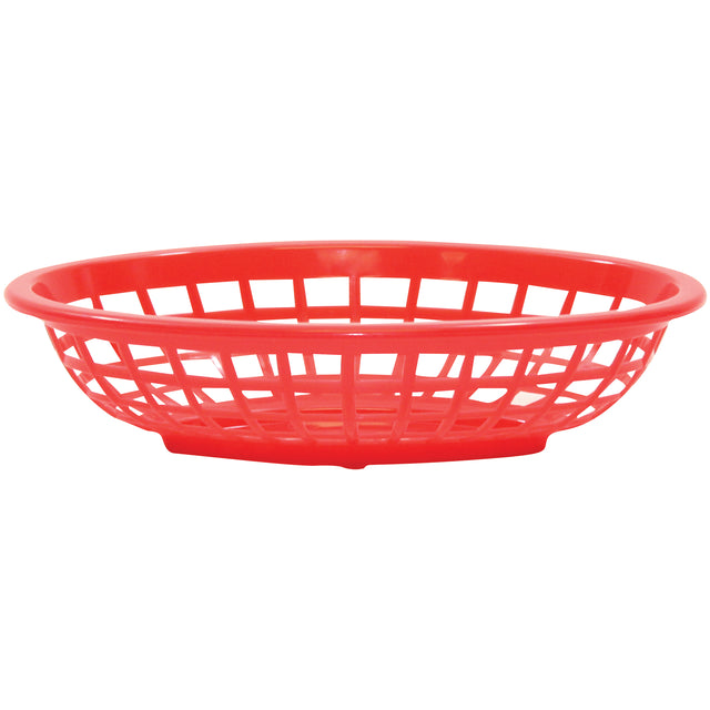 A red, oval-shaped Side Order Basket with an open lattice design and a slightly raised rim. Lightweight and microwave safe, this basket is ideal for serving fries or sandwiches. It sits empty on a white background.