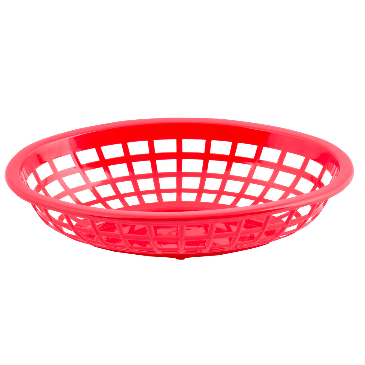 A bright red, round microwave safe basket with a grid-like, open lattice design. The basket has a shallow depth and wide rim, perfect as a Side Order Basket, and is placed against a plain white background.