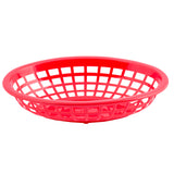 A bright red, round microwave safe basket with a grid-like, open lattice design. The basket has a shallow depth and wide rim, perfect as a Side Order Basket, and is placed against a plain white background.