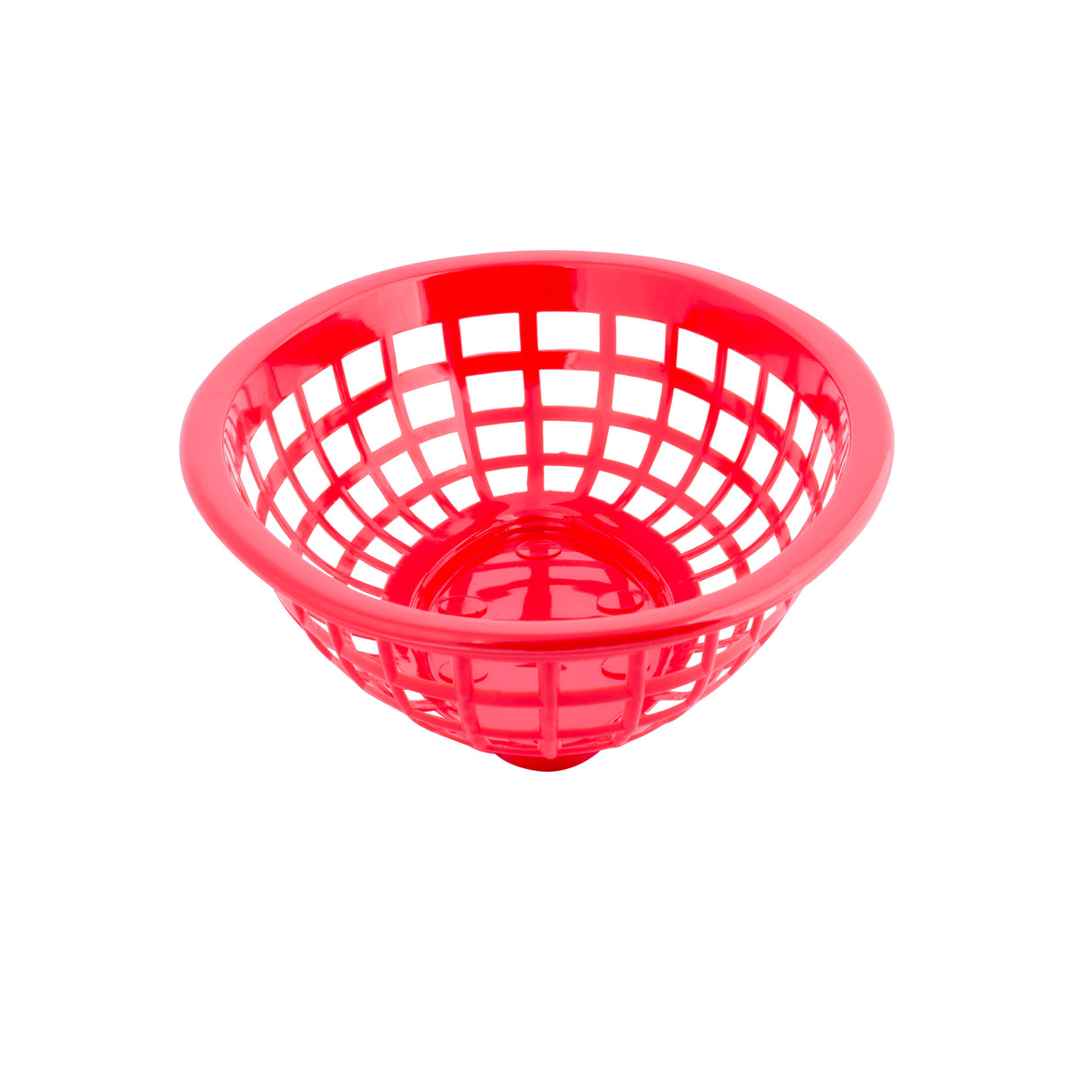 A bright red, round plastic Side Order Basket with an open lattice design and solid base, shown against a white background. This heat resistant basket is perfect for serving fries or burgers in diners or casual restaurants.