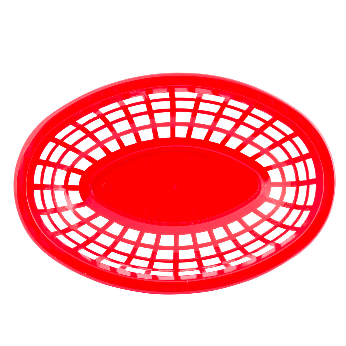 A bright red, oval-shaped Side Order Basket with an open grid design on the sides and bottom. The center is solid plastic, and the basket is photographed from above on a white background. This microwave safe basket is both functional and stylish.