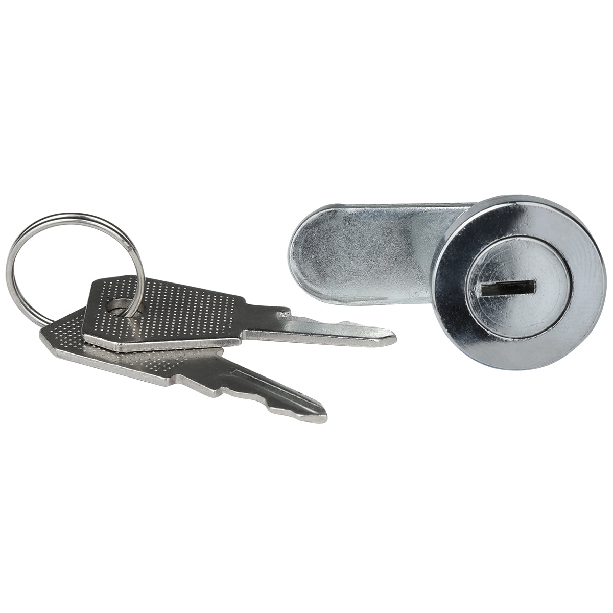 A pair of silver keys on a keyring is shown next to a matching metal cam lock cylinder, part of the Empura Refrigeration Door Lock & Key set. The lock is cylindrical with a key slot, and both have a shiny, metallic finish.