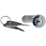 A pair of silver keys on a keyring is shown next to a matching metal cam lock cylinder, part of the Empura Refrigeration Door Lock & Key set. The lock is cylindrical with a key slot, and both have a shiny, metallic finish.