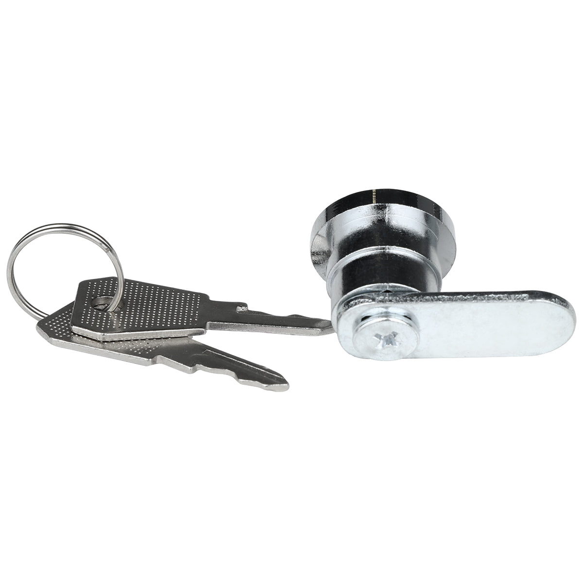 A small silver Empura Parts cam lock with an attached flat locking arm is shown next to two metallic keys on a keyring. The Door Lock & Key set is placed on a white background, with both items facing upward and clearly visible.