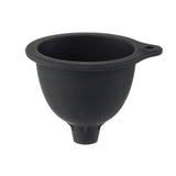 A black, round silicone funnel with a wide top rim narrows to a small spout at the bottom, ideal for filling squeeze bottles. It features a flat tab with a hole for hanging. The smooth, flexible surface stands out against the plain white background.