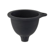 A black, round silicone funnel with a wide top rim narrows to a small spout at the bottom, ideal for filling squeeze bottles. It features a flat tab with a hole for hanging. The smooth, flexible surface stands out against the plain white background.