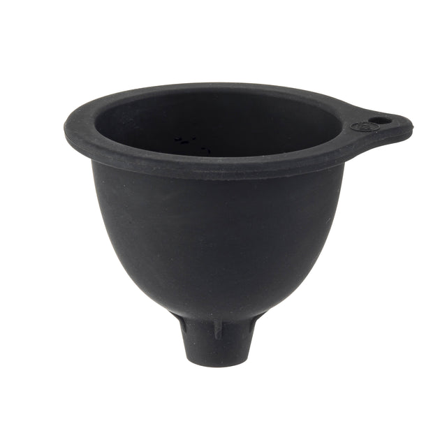 A black, round silicone funnel with a wide top rim narrows to a small spout at the bottom, ideal for filling squeeze bottles. It features a flat tab with a hole for hanging. The smooth, flexible surface stands out against the plain white background.