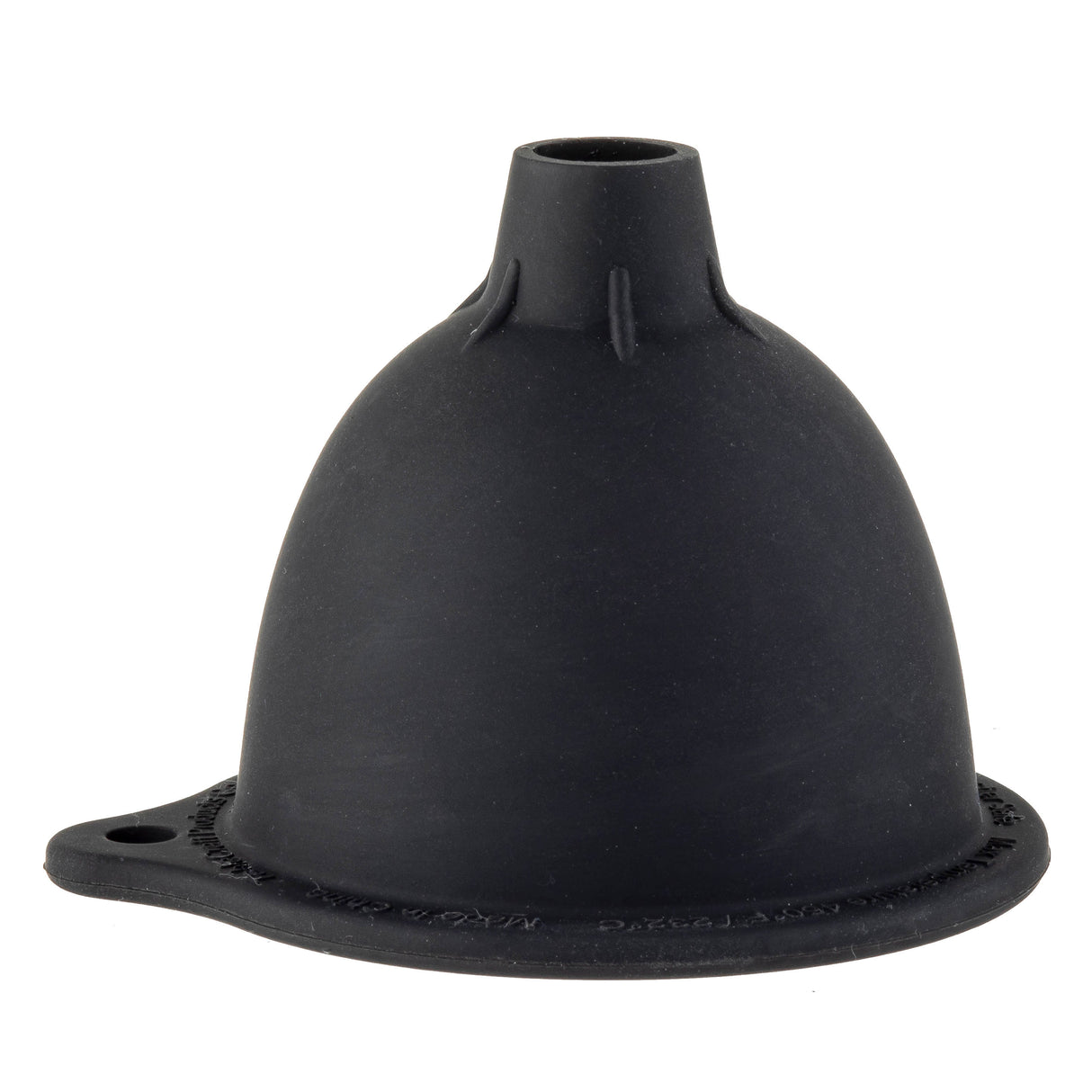 A black silicone funnel with a wide, dome-shaped base tapers to a narrow spout—perfect for filling squeeze bottles. The base features a flat extension with a hole for hanging, and subtle text or markings appear along the edge.