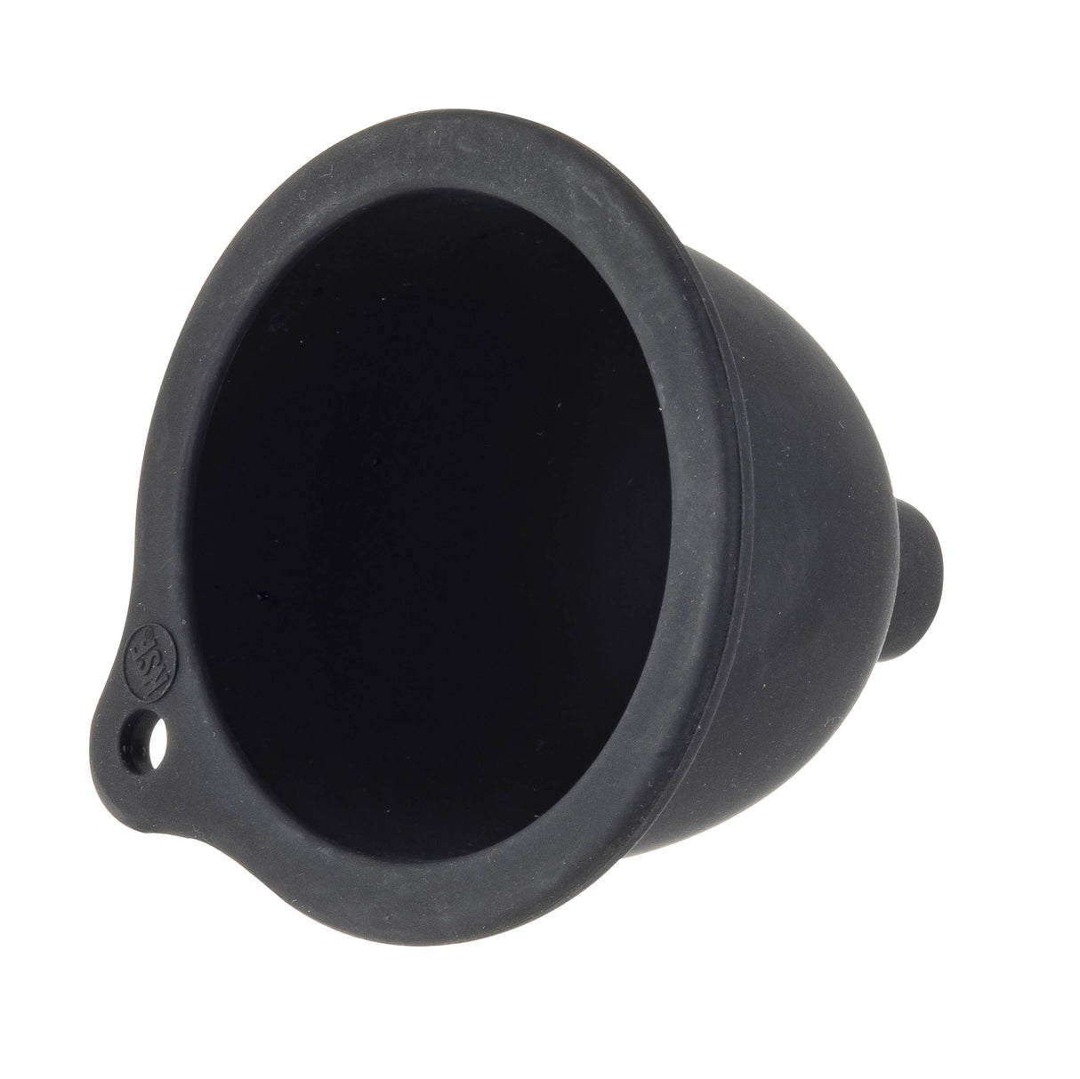 A black, wide-mouthed silicone funnel with a rounded base and a small handle featuring a hole, shown at an angle on a white background. This flexible funnel is ideal for transferring liquids or powders into squeeze bottles.