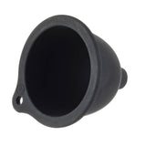 A black, wide-mouthed silicone funnel with a rounded base and a small handle featuring a hole, shown at an angle on a white background. This flexible funnel is ideal for transferring liquids or powders into squeeze bottles.