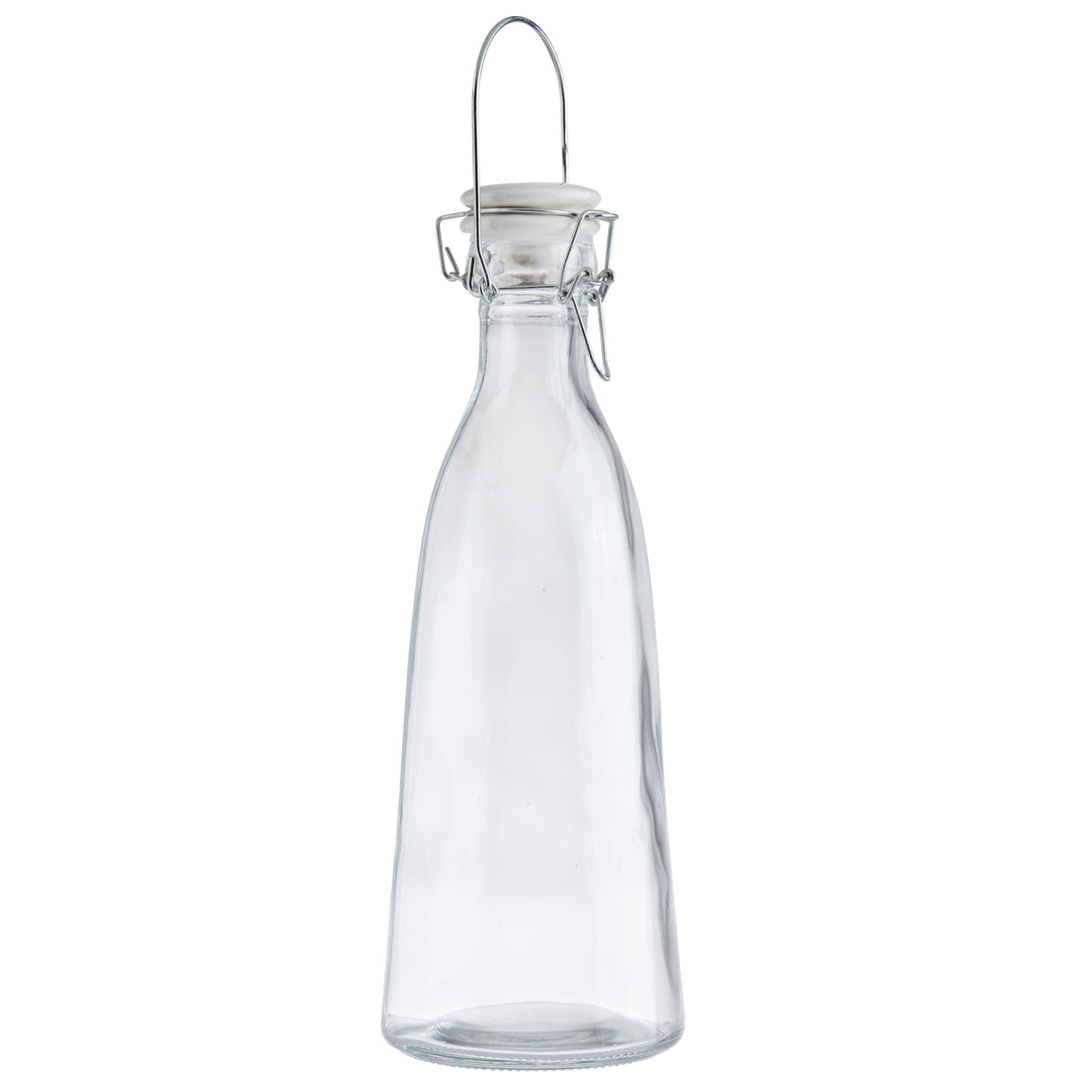 A clear, empty glass carafe with a narrow neck, curved body, and a metal swing-top closure with a white ceramic stopper. The 34 oz carafe stands upright on a white background, and the metal clasp is fastened over the top.
