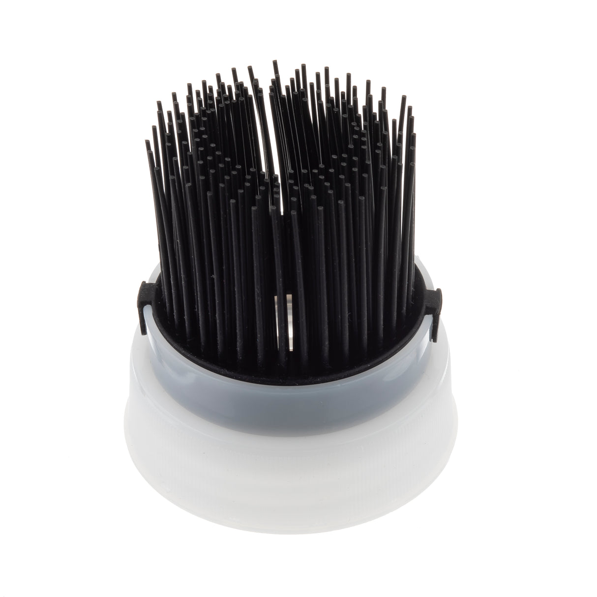 A round brush attachment with densely packed, straight black bristles on a white plastic base, shown against a white background. Designed for cleaning or use with InvertaTop or ValveTop squeeze bottles, the detachable brush ensures thorough results.